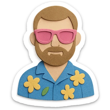 man with light skin tone, short light brown hair and beard, wearing a Hawaiian shirt and pink glasses sticker