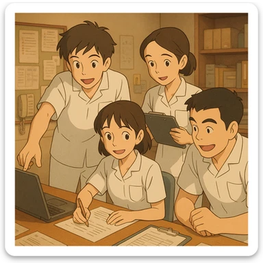 Four students inspired by references, working together in a care station, Ghibli style, white short-sleeve uniforms with V-neck, left chest pocket, no collar stand, no stethoscopes, no undershirts, warm atmosphere, multiple collaborative attitudes. sticker