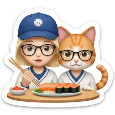 cute girl cat wearing glasses and a cute boy cat wearing a baseball cap eating sushi together sticker