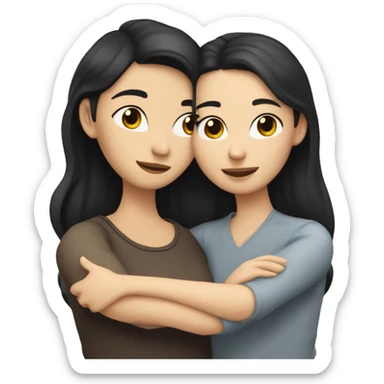 A lesbian couple who both have white skin and long black hair are hugging intimately. sticker