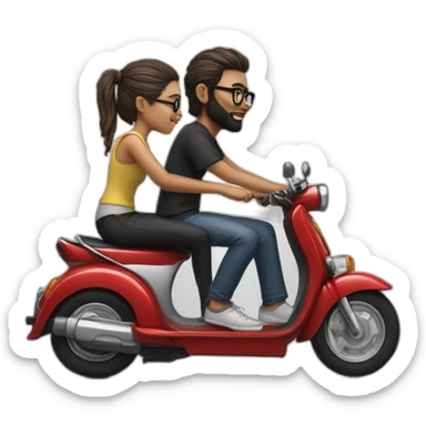 hyper realistic boy with long hair tied in a bun, beard, and glasses, riding a black scooter with a girl on the back sticker