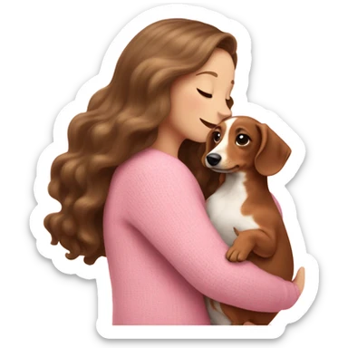 Brunette white girl with long wavy hair in a pink sweater holds a brown and cream dachshund long-haired puppy in her arms sticker