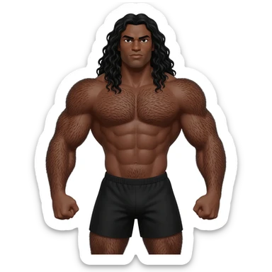 Superhero black male look superstrong black shorts very hairy long black bear and hair big arms no shirt full body size sticker