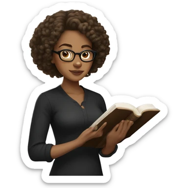 A women with brown medium curly hair, light skinned, full cheeks, black shirt and black glasses reading the Bible  sticker