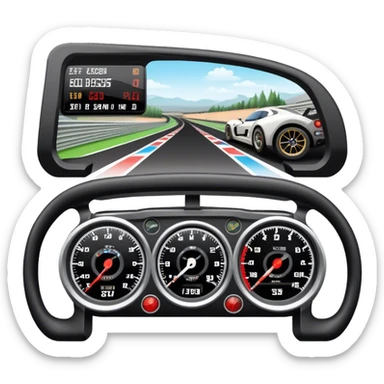 An icon showing a racing game interface, inspired by Grand Turismo. The design features a garage with a selection of high-performance cars, along with race track visuals in the background. Speedometer, lap timer, and other HUD elements add to the excitement. Transparent background sticker