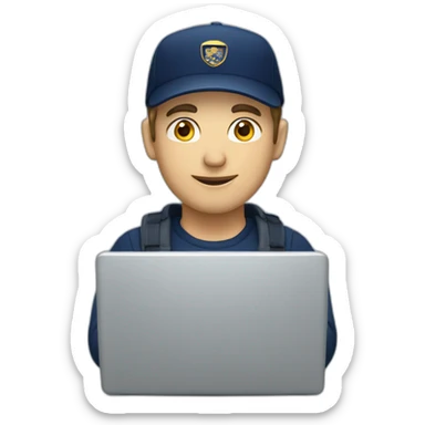 european guy wearing navy cap using laptop sticker