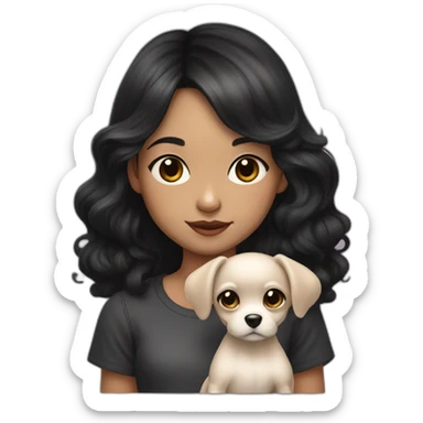 young girl with dark long wavy hair, short bangs, pale skin holding her little black chichuachua dog with big pointed ears sticker