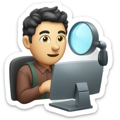 man using magnifying glass to read a computer monitor sticker