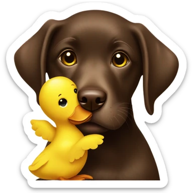 Chocolate lab puppy with big yellow duck plush toy in mouth sticker