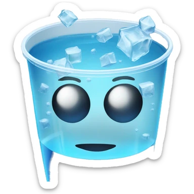 Realistic see-through plastic cup with translucent blue water in and ice cubes sticker