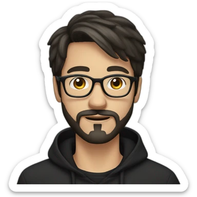 White young man, dark straight hair, moustache and beard, wearing a black hoodie, glasses sticker