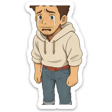 1 male, mid fade haircut dark chestnut brown curly hair, toasted lightskin, white hoodie sleeves up, fashion jeans, red fashion-sneakers shoes, red belt, short trimmed beard and goatee,  style of deku from "my hero academia", FACIAL EXPRESSION IS VERY SAD, TEARS WELLING UP sticker