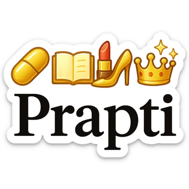 Transform the design into a single elegant emoji featuring gold icons of a pill, book, lipstick, high heel, crown, and sparkles. Include the name 'Prapti' in a refined, classy style. Make the emoji compact, visually balanced, and suitable for emoji use with a polished, vibrant pop colors style. sticker