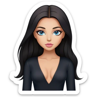Glamours, tanned, beautiful, girl, with blue eyes, big pump peach-beige-rose lips, eyeliner, long lashes, black straight smooth silky long hair, parting hair in the middle,  in black v-neck bodysuit long sleeves sticker