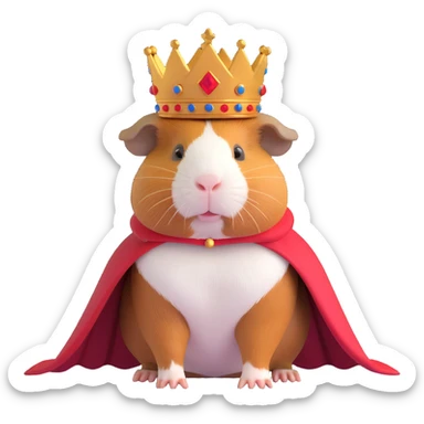 cute and expressive guinea pig wearing a royal crown and cape, regal pose sticker