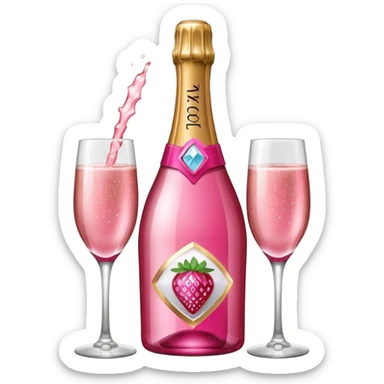 Realistic sparkling diamond glam hot pink champagne bottle with hot pink champagne in glass with strawberry ì> sticker