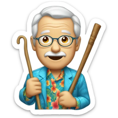 old man holding cane wearing blue Hawaiian shirt and jacket, kids face sticker
