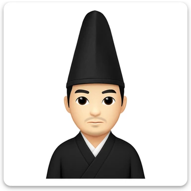 Make the eboshi hat much taller, keeping the shogun in a long black kimono, in the style of emoji style emojis. The style should resemble apple style emojis with concise details. sticker