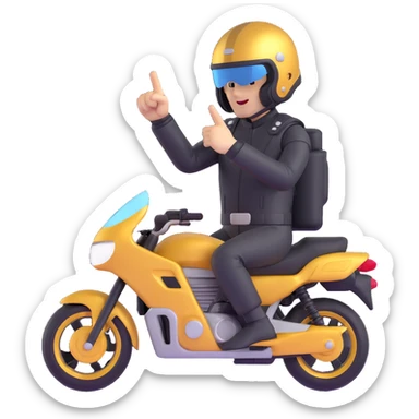 A motorcyclist in a black helmet with a golden visor flipping the bird sticker