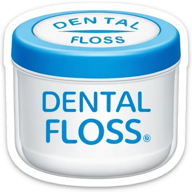 A small round plastic container with the phrase  "dental floss" on it sticker