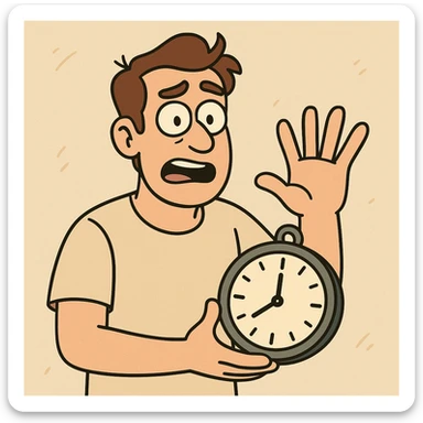 man holding a clock in one hand and counting to five with the other, clear gesture, expressive, simple background sticker