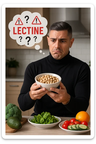 un uomo in cucina tiene in mano una ciotola di legumi (come fagioli o ceci) e li osserva con un’espressione dubbiosa e leggermente preoccupata. Sopra la ciotola, una nuvoletta di pensiero mostra la parola “Lectine” evidenziata in rosso, insieme a simboli di allarme o punti interrogativi. Sullo sfondo, altri alimenti salutari sono visibili sul tavolo, sottolineando il suo scetticismo verso i legumi. sticker