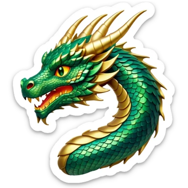 Cinematic Noble Dragon Portrait Emoji, Poised and majestic, with a sinuous, elongated body covered in intricately detailed, shimmering scales in hues of emerald and gold, and piercing, fiery eyes that reflect ancient wisdom; rendered with lifelike texture and natural highlights, high shine, intelligent and formidable, styled with an aura of mythic power, focused and attentive, soft glowing outline, capturing the essence of a legendary dragon that appears ready to soar out of the screen with timeless authority! sticker
