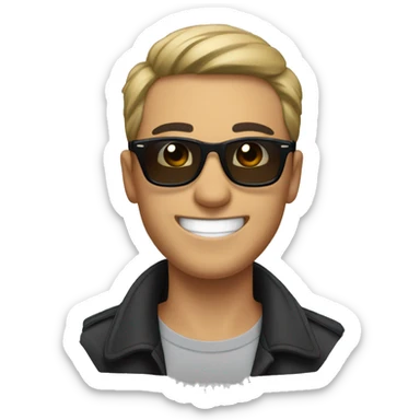 a guy with short black hair, thick brow, grinning, with rayban wayfarer sticker