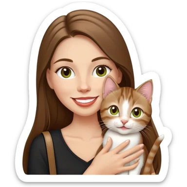 White Woman with VERY long straight brown hair, rosy lips and cheeks, chartreuse eyes, cute happy big smile holding a white and brown tabby kitten, wearing a black purse sticker