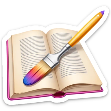 icon for artistic Illustration. paintbrush under illustrated page of book, colorful sketch, simple lines, minimalistic style, transparent background. sticker