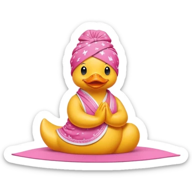 side view of yellow rubber duck with a pink bandana doing yoga while praying sticker