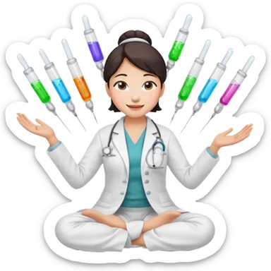 emoji of an asian woman with a single bun in a white lab coat sitting cross legged with a pipettes levitating in an arc around her head sticker
