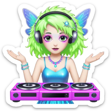  hard-techno-rave-fairy,-holding-a-dj-turntable,-wild-hair,-neon-sparkles,-minimal-background sticker