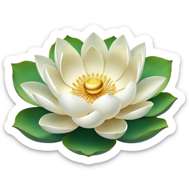 Pure white lotus flower with delicate pristine petals and golden center, accompanied by botanically accurate lotus leaf with distinctive notch and upturned edges sticker
