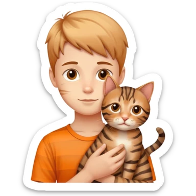 A young boy holding a cute tabby cat with orange and brown stripes sticker