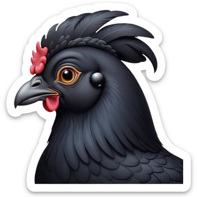 Cinematic Noble Black Chicken Portrait Emoji, Poised and regal, with a compact, sturdy build and a glossy, well-groomed pure black plumage, deep-set soulful beady eyes, Simplified yet sharp and sophisticated features, highly detailed, glowing with a soft, dignified glow, high shine, intelligent and alert, stylized with an air of mysterious elegance, focused and attentive, soft glowing outline, capturing the essence of a watchful and confident fowl, so majestic it feels as though it could strut out of the screen with effortless authority! sticker