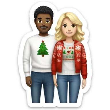 White couple, black hair man, blonde hair woman, with christmas jumper and jeans and sneaker sticker