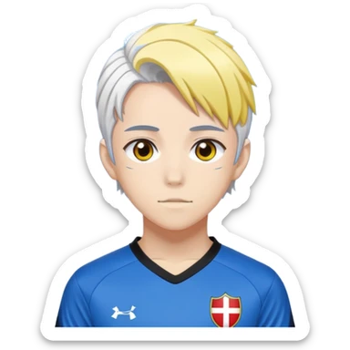 High school soccer player. Wears a uniform with red based and black on sides and yellow. His hair is a mixture of white on the top and blue on the bottom. He is a anime character from Bluelock and is Dutch. sticker