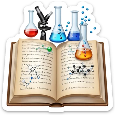 Icon for Scientific and Educational Reading: an open book with mathematical and physical formulas on the pages, with molecules and atoms flying out. On the desk are test tubes, flasks, and a microscope. Transparent background. sticker