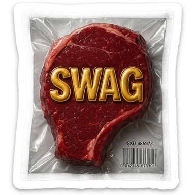 steak with gold embossed 'SWAG' text, glossy and puffy sticker