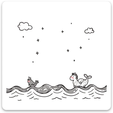 hand-drawn decorative elements including clouds, stars, ocean waves in a whimsical and airy children's book illustration style, clean and minimal, pastel tones, pencil or ink sketch look sticker