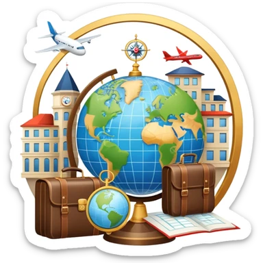 An icon featuring a hotel building, and a globe, symbolizing the scientific study of tourism and hospitality. The design includes a map, a plane and train, a compass, and a checklist, representing travel planning and service management. Transparent background sticker