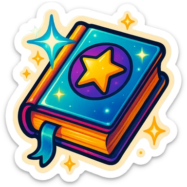 A retro sticker-style drawing of a magical book with energy, sparkles, and glowing effects, bold lines, dramatic shadows, and bright highlights for a lively collectible sticker feel sticker