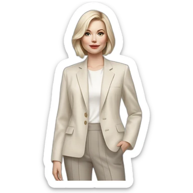 pale skin woman with ash blonde Straightened bob Hair, White Spacious classical jacket, beige palazzo Arrow pants and gray blouse holding RAL colour palette in the hands sticker