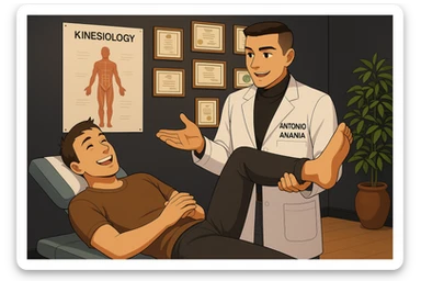 su questo lettino rappresenta un webtoon manga a colori con questo stile, in cui un uomo è steso sul lettino medico e il kinesiologo con il camice bianco (fagli anche la scritta "ANTONIO ANANIA" SUL CAMICE, gli solleva una gamba per fargli il test neuromuscolare, IL KINESIOLOGO SPIEGA ALL'UOMO UNA cosa mentre gli alza la gamba. l'espressione dell'uomo è felice e soddisfatta, non fare i fumetti però, fai solo in modo che sembri stiano parlando sticker