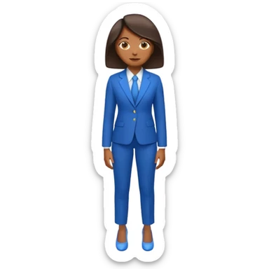 black woman in a blue smart suit and shoes, standing with hands by her side, looking to the left, emoji style sticker