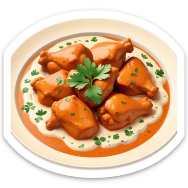 Butter Chicken Cinematic Realistic Butter Chicken Dish Emoji, depicted as tender chicken pieces sliced up and bathed in a creamy white sauce garnished with fresh cilantro, rendered with rich textures and vibrant, appetizing lighting. sticker