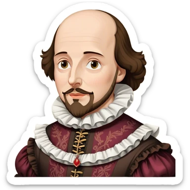 Cinematic Realistic portrait of William Shakespeare, depicted as an iconic playwright in richly detailed Elizabethan attire with a ruffled collar, expressive eyes, and a thoughtful gaze, bathed in dramatic historical lighting that evokes the Bard’s timeless legacy sticker