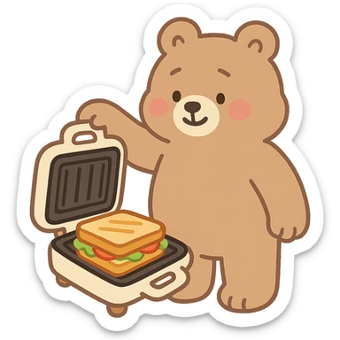 soft pastel style sandwich maker bear, soft fluffy, opening with a cute sandwich inside, creamy brown, full-body sticker