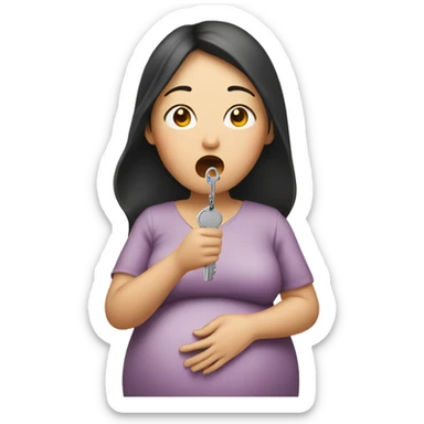 A pregnant Asian woman holds a key in her hands and her mouth is closed sticker